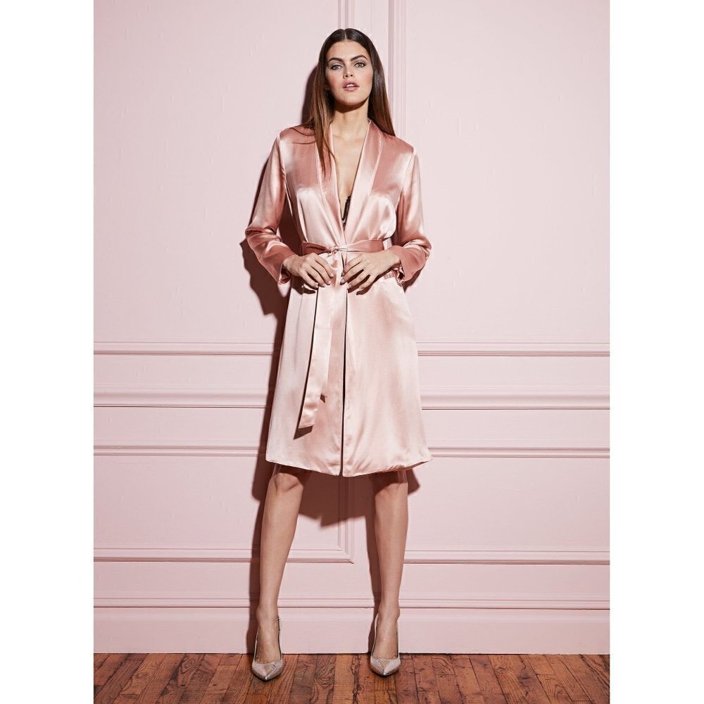 Fleur Du Mal Pink Rosewater Silk Smoking Robe with Sash Waist Belt Size M